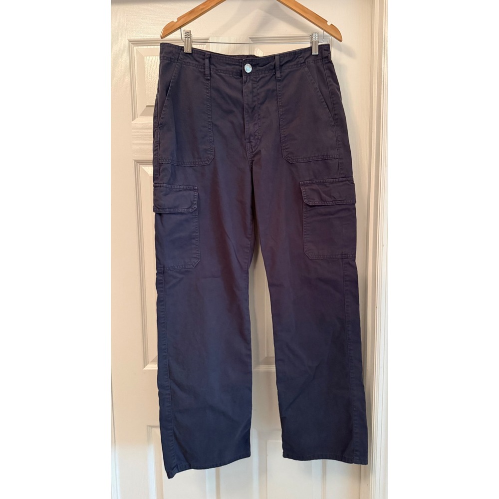 Zara Cargo Pants Women 10 Navy Blue Wide Leg High Rise Utility Cotton Trousers